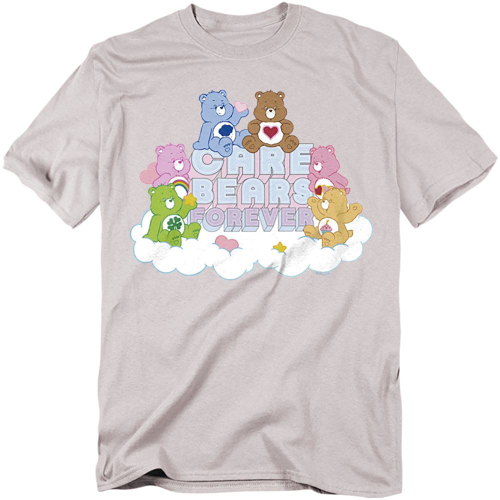 Light gray Care Bears t-shirt with multiple characters sitting on clouds above the words “Care Bears Forever.”
