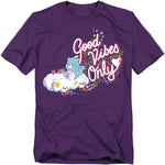 Purple Care Bears t-shirt with Grumpy Bear on a cloud and the words “Good Vibes Only” in pink script.