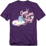 Purple Care Bears t-shirt with Grumpy Bear on a cloud and the words “Good Vibes Only” in pink script.
