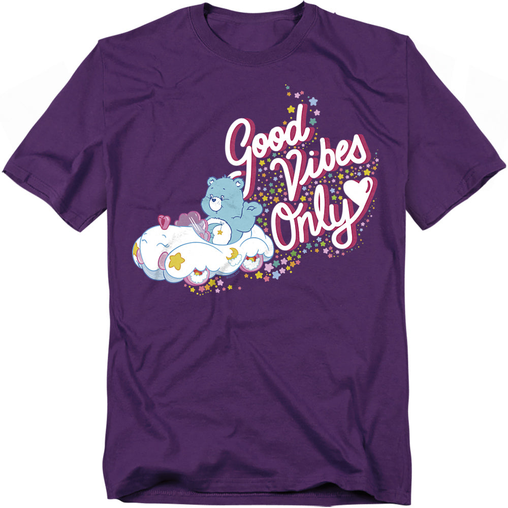 Purple Care Bears t-shirt with Grumpy Bear on a cloud and the words “Good Vibes Only” in pink script.