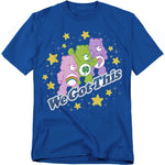 Blue Care Bears t-shirt with Cheer Bear, Good Luck Bear, and Share Bear surrounded by stars and the phrase “We Got This.”