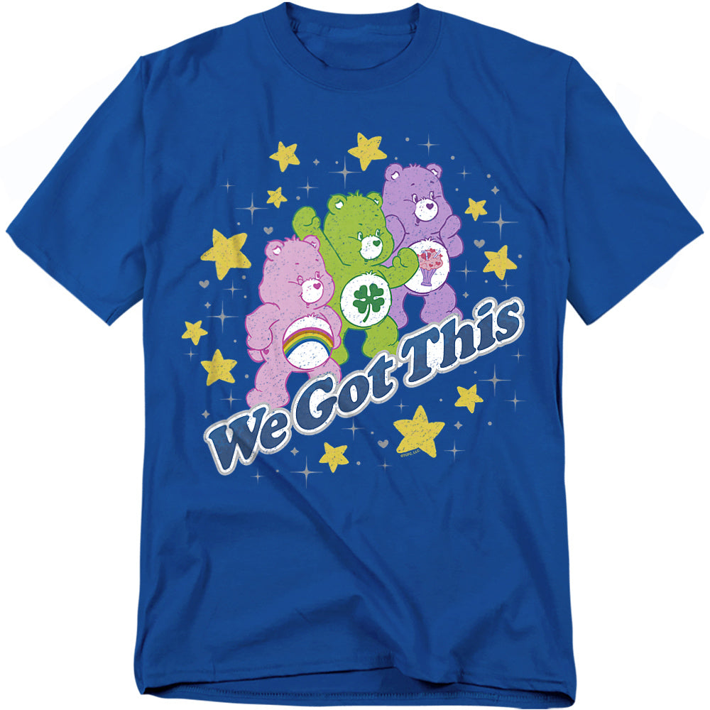 Blue Care Bears t-shirt with Cheer Bear, Good Luck Bear, and Share Bear surrounded by stars and the phrase “We Got This.”