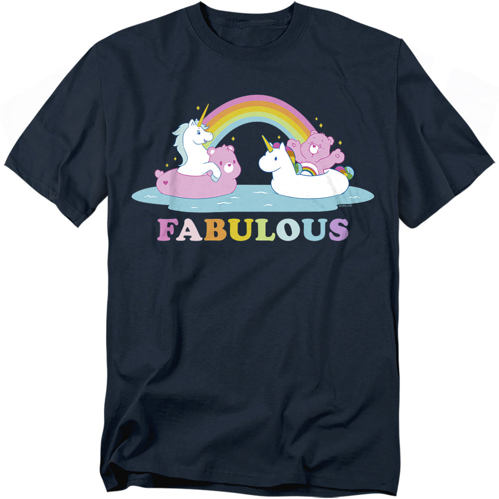 Navy blue t-shirt featuring Care Bears floating on unicorn pool floats with a rainbow and the word “FABULOUS” in colorful letters.