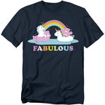 Navy blue t-shirt featuring Care Bears floating on unicorn pool floats with a rainbow and the word “FABULOUS” in colorful letters.