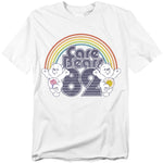 White t-shirt featuring Care Bears with a rainbow and “Care Bears 82” graphic in retro lettering.