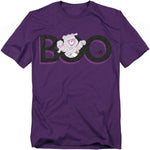 Purple t-shirt featuring the word “BOO” in large black letters with Cheer Bear dressed as a mummy playfully popping out of the middle “O.”
