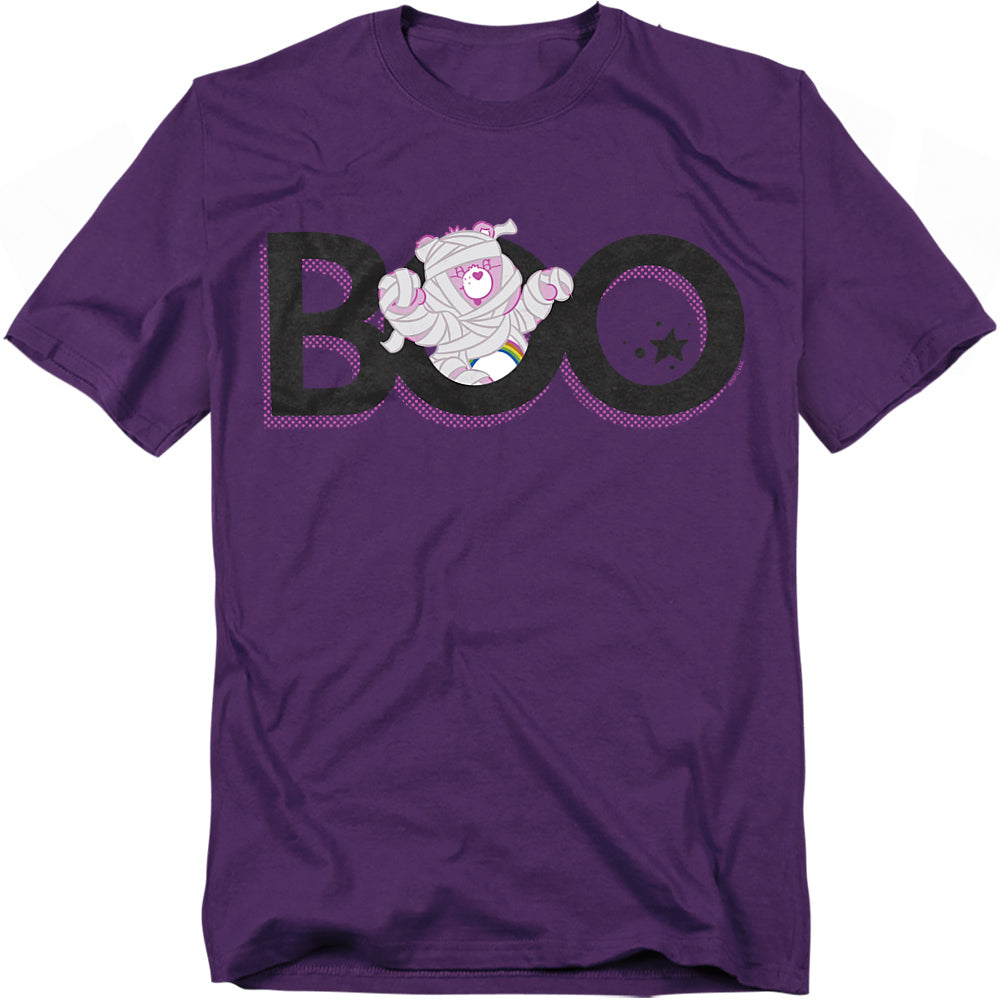 Purple t-shirt featuring the word “BOO” in large black letters with Cheer Bear dressed as a mummy playfully popping out of the middle “O.”