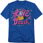 Blue t-shirt featuring Harmony Bear sitting on a pumpkin, holding a small jack-o’-lantern, with bold pink lettering that reads “Love You to Death,” surrounded by colorful stars, bats, bones, and Halloween icons.