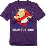 Purple t-shirt featuring Tenderheart Bear inside a red “no ghost” symbol parodying the Ghostbusters logo, with spooky black shadow creatures and the text “Bearbusters” underneath.