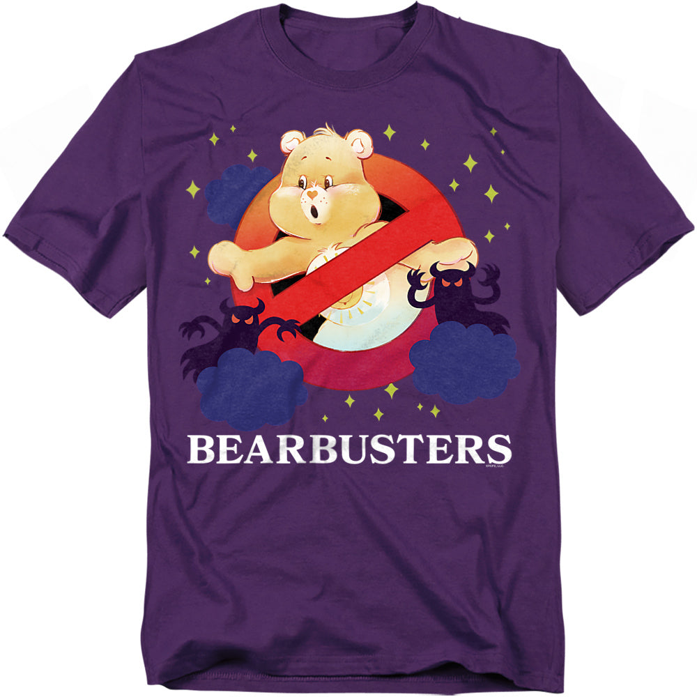 Purple t-shirt featuring Tenderheart Bear inside a red “no ghost” symbol parodying the Ghostbusters logo, with spooky black shadow creatures and the text “Bearbusters” underneath.