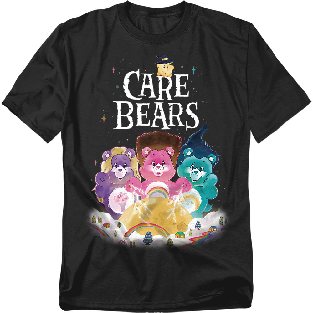 Black t-shirt with Care Bears graphic on a white background