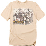 Beige t-shirt with vintage sepia cast photo from Cheers and classic logo in gold script.