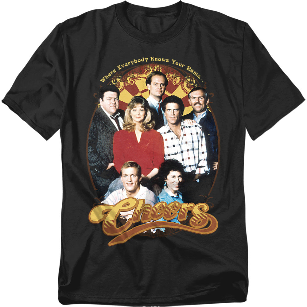 Black t-shirt featuring the Cheers cast with the classic logo and tagline “Where Everybody Knows Your Name.”