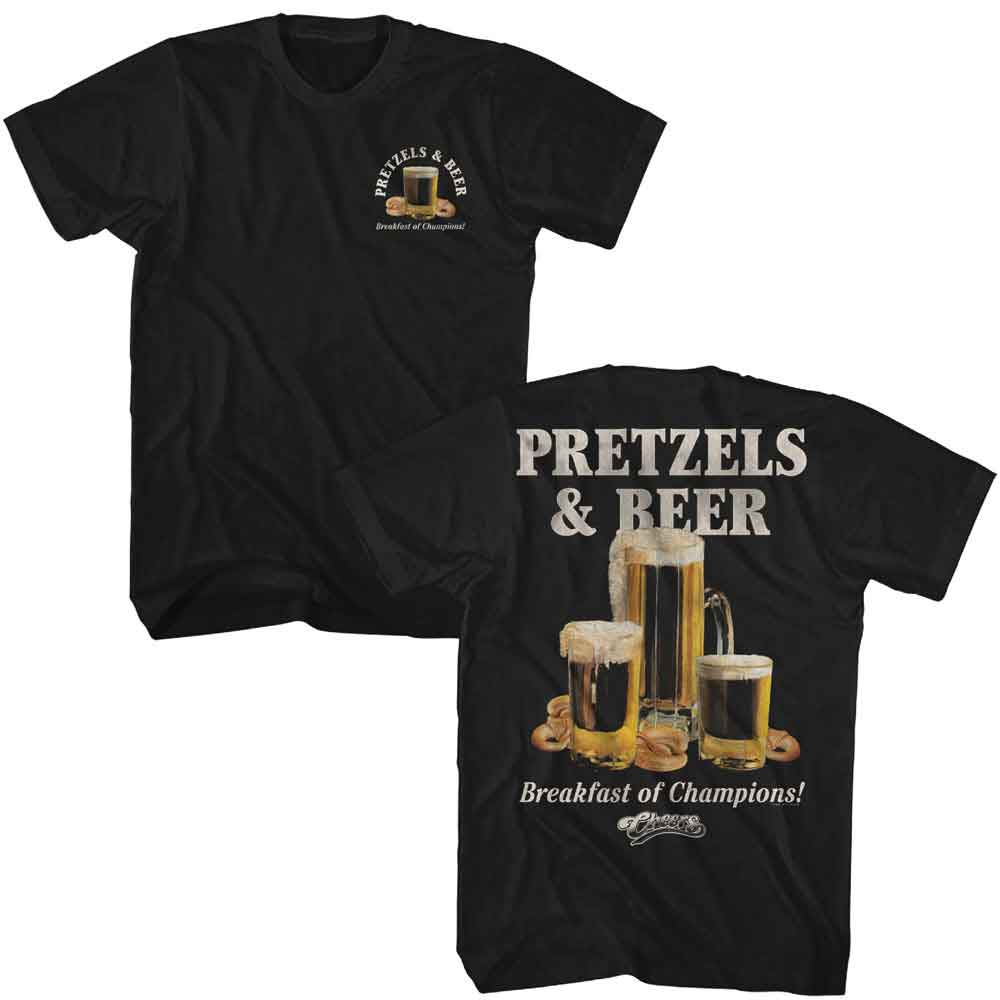 officially licensed Cheers Pretzels and Beer black t-shirt with front and back print