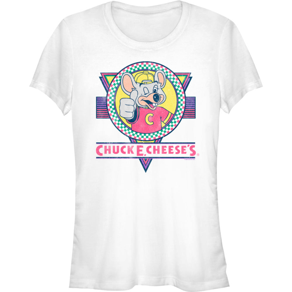 White Chuck E Cheese retro neon logo graphic t-shirt featuring colorful vintage arcade inspired mascot artwork