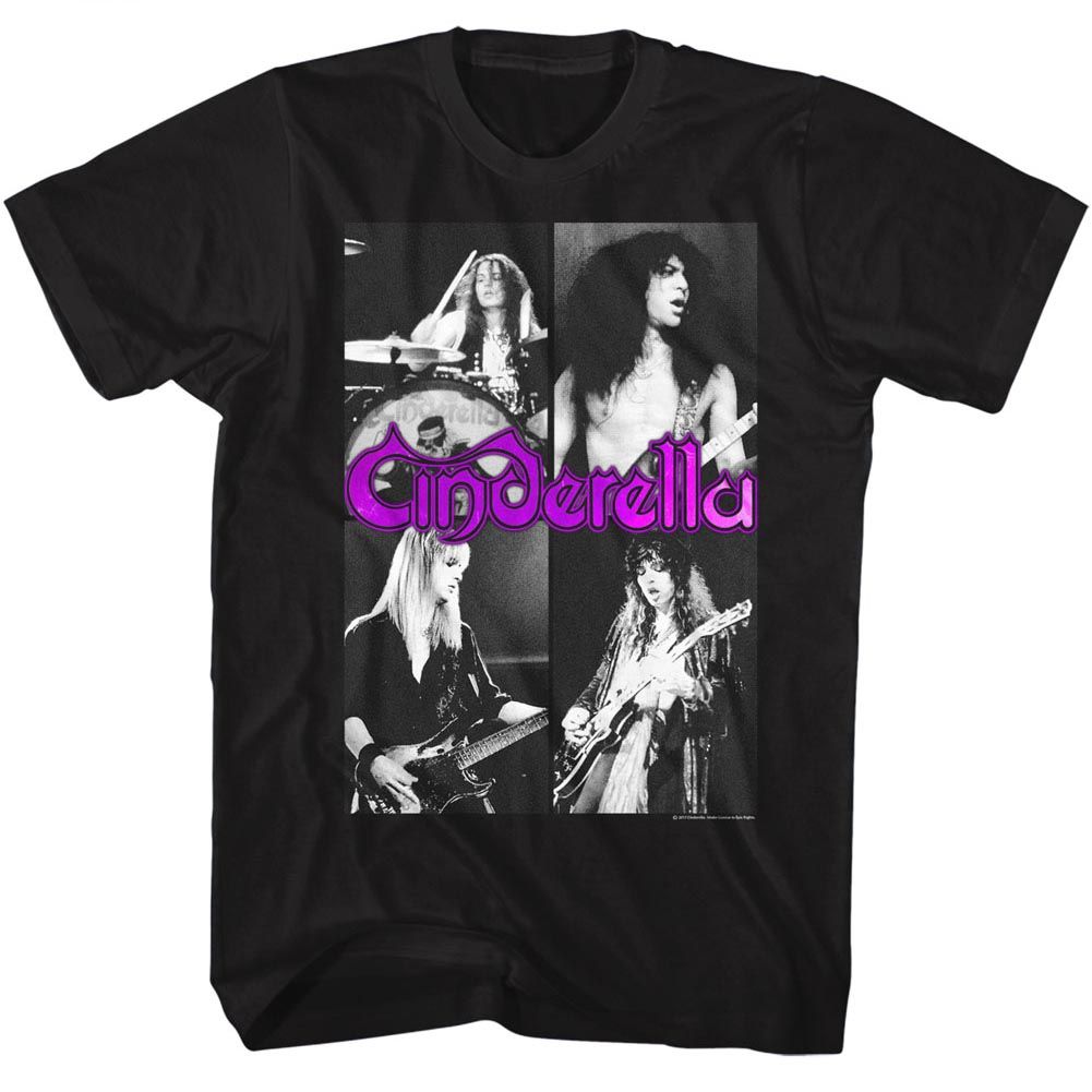Black T-shirt featuring black-and-white four-panel Cinderella live performance photos with purple logo.