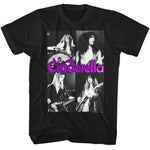 Black T-shirt featuring black-and-white four-panel Cinderella live performance photos with purple logo.
