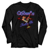 Black long sleeve T-shirt featuring neon Cinderella logo, cocktail pin-up girl graphic, and “Shake Me” script.