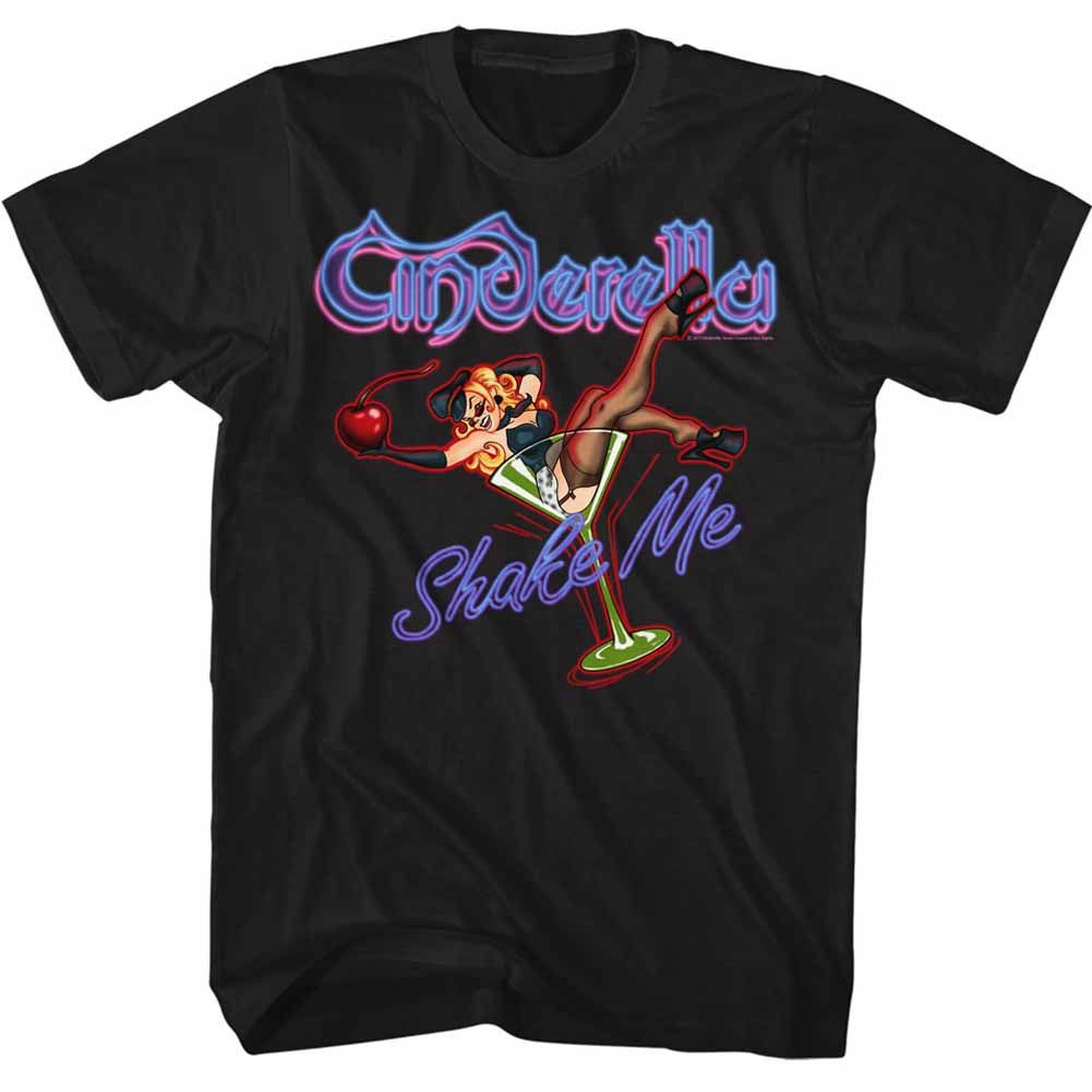 Black T-shirt featuring neon Cinderella logo with cocktail pin-up girl graphic and “Shake Me” text.