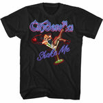 Black T-shirt featuring neon Cinderella logo with cocktail pin-up girl graphic and “Shake Me” text.