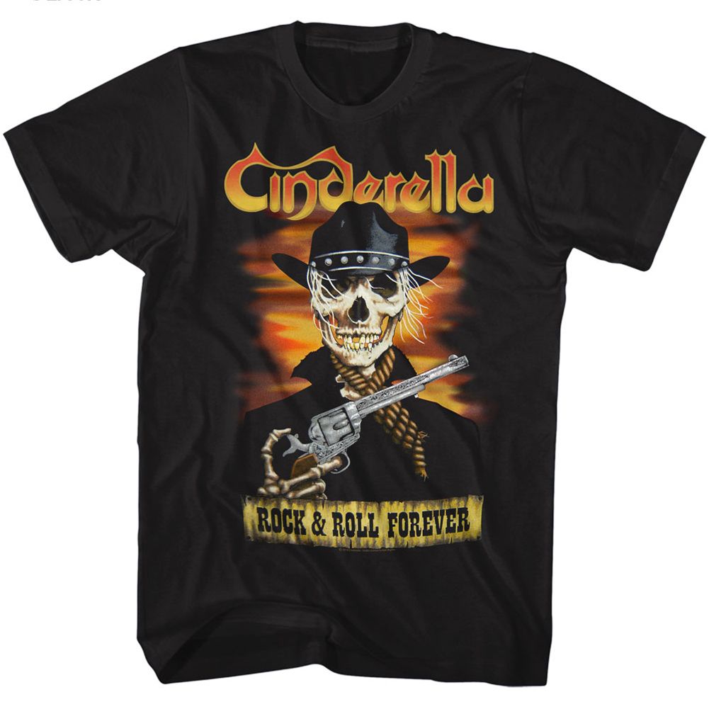 Black T-shirt featuring skeleton gunslinger with hat and revolver, sunset background, and “Rock & Roll Forever” text.