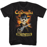 Black T-shirt featuring skeleton gunslinger with hat and revolver, sunset background, and “Rock & Roll Forever” text.