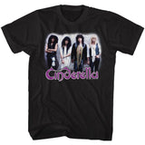Black T-shirt featuring full-color Cinderella band photo with white glow effect and purple logo.