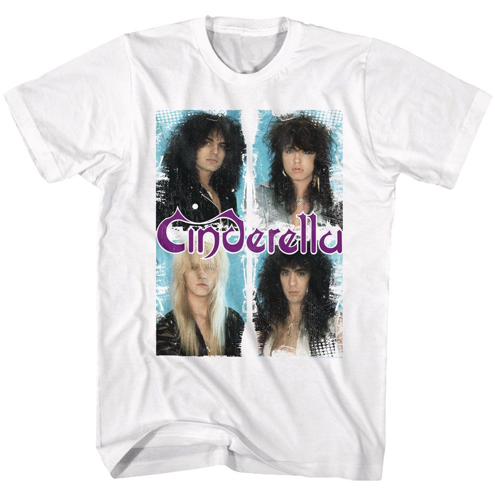 White T-shirt featuring aqua-toned four-panel Cinderella band portraits with purple logo overlay.