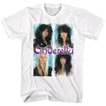 White T-shirt featuring aqua-toned four-panel Cinderella band portraits with purple logo overlay.