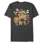 Nintendo Super Mario bad guys character group graphic tee on charcoal gray shirt