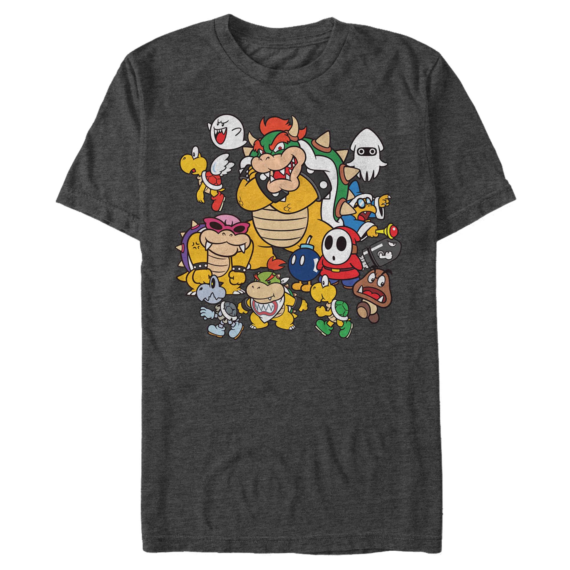 Nintendo Super Mario bad guys character group graphic tee on charcoal gray shirt