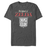 Retro Legend of Zelda graphic tee with classic Zelda logo and heraldic crest design