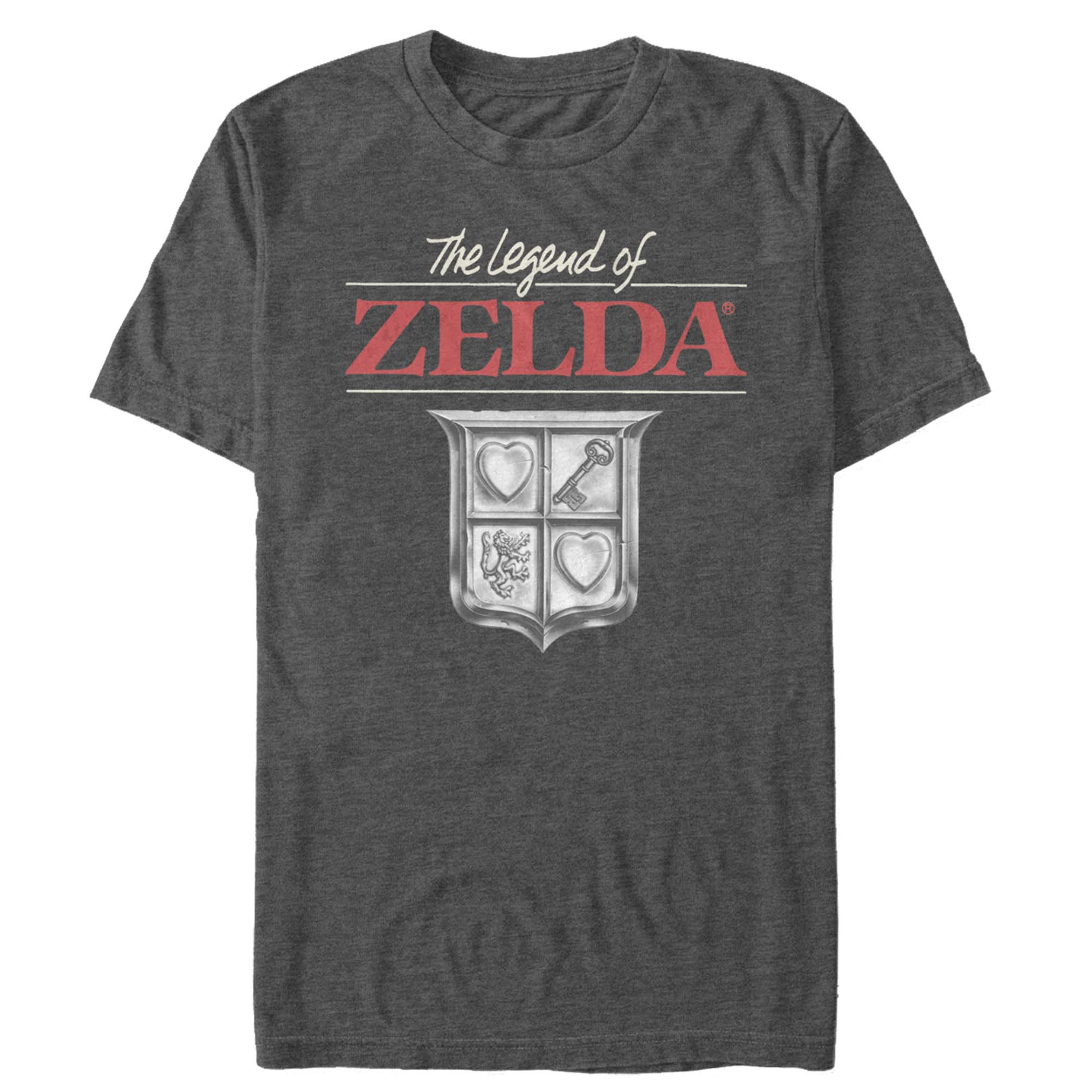 Retro Legend of Zelda graphic tee with classic Zelda logo and heraldic crest design