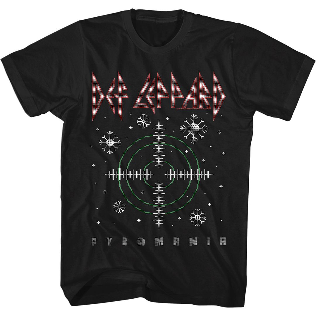 Black t-shirt featuring a knit-style Def Leppard Pyromania target graphic with holiday snowflakes.