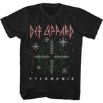Black t-shirt featuring a knit-style Def Leppard Pyromania target graphic with holiday snowflakes.