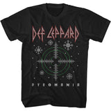 Black t-shirt featuring a knit-style Def Leppard Pyromania target graphic with holiday snowflakes.