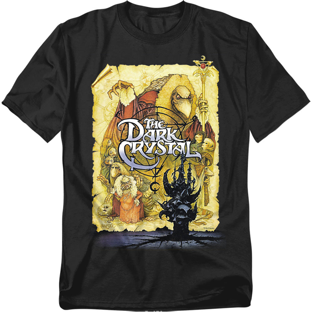 The Dark Crystal classic movie poster t-shirt featuring intricate artwork of the Skeksis, Mystics, and Gelflings, surrounded by ancient designs from Jim Henson’s 1982 fantasy masterpiece.