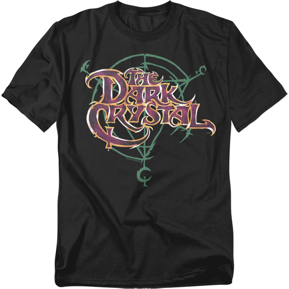 Black “The Dark Crystal” T-shirt featuring the film’s iconic logo in mystical purple and gold hues, surrounded by ancient runic symbols inspired by the fantasy world of Thra.