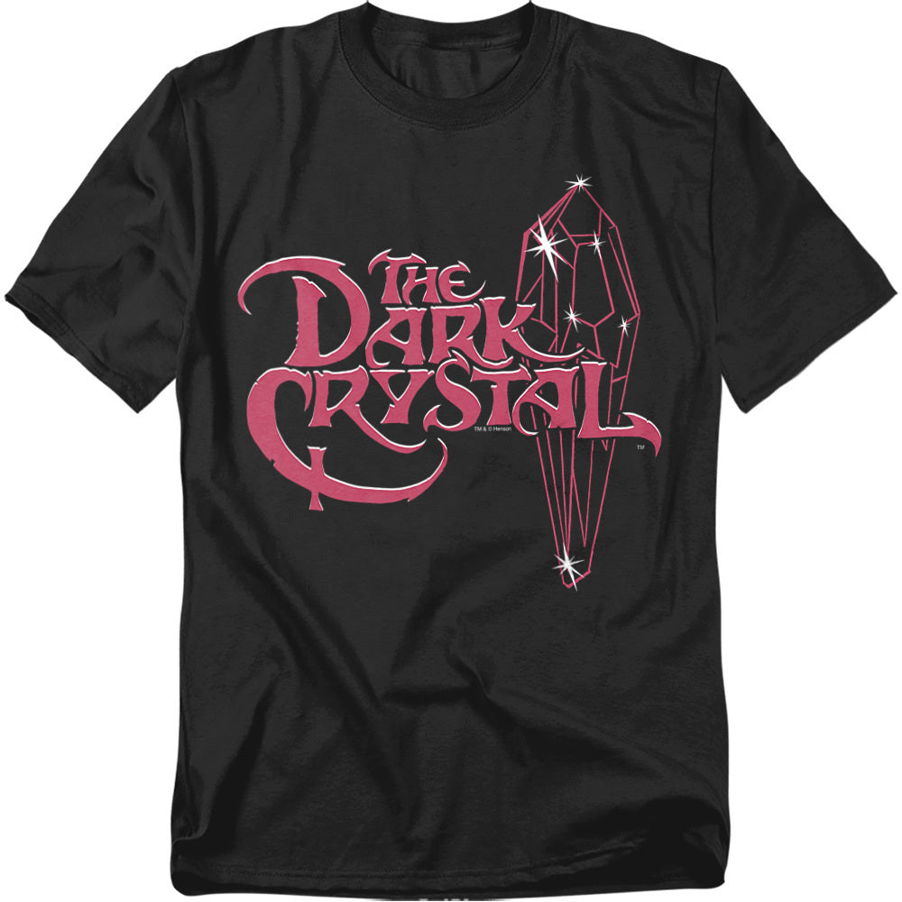 Black The Dark Crystal T-shirt featuring the movie’s iconic magenta logo beside the crystal shard, rendered in a sparkling, mystical design that captures the fantasy aesthetic of Jim Henson’s 1982 classic.
