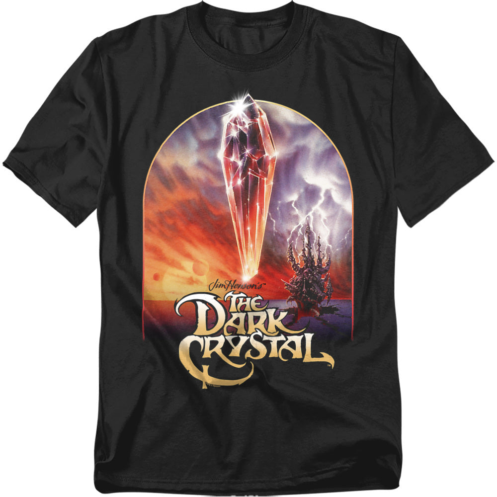 The Dark Crystal Crystal of Truth Vintage T-Shirt – Black Tee featuring the glowing Crystal of Truth with the Skeksis and the fiery skies of Thra in the background, inspired by Jim Henson’s 1982 fantasy classic.