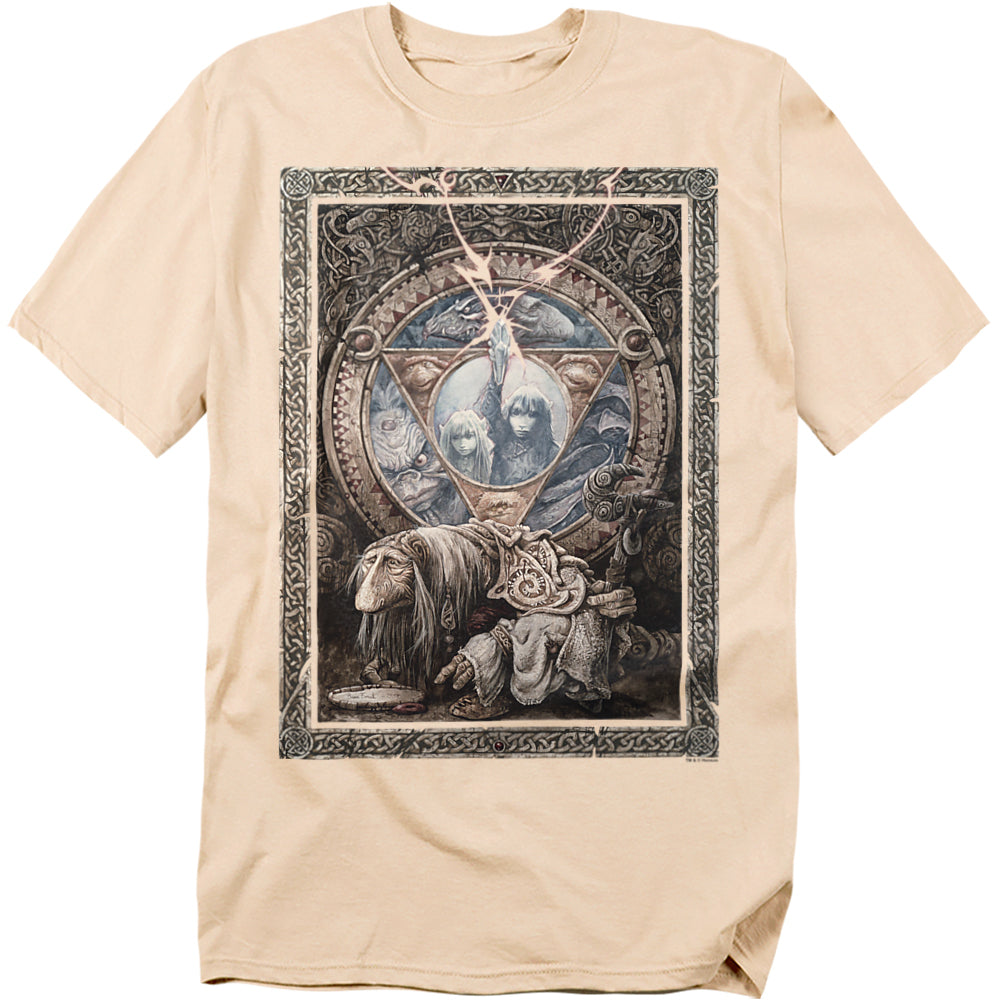 Beige “The Dark Crystal” t-shirt featuring an ornate fantasy illustration with the characters Jen and Kira framed inside a mystical circular design, with Aughra below and lightning striking a crystal above.