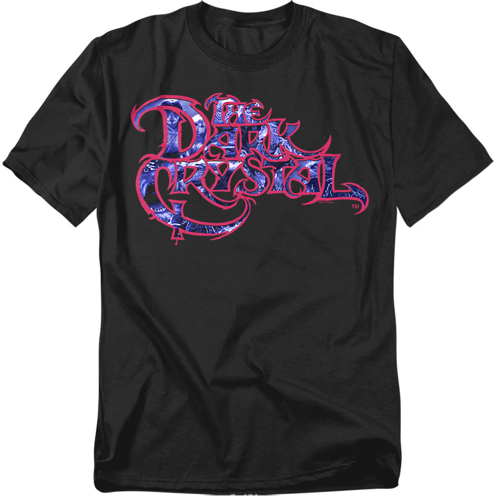 Black “The Dark Crystal” T-shirt featuring the iconic movie logo in a mystical purple and pink design inspired by the 1982 fantasy film.