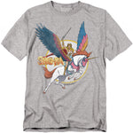 Grey She-Ra t-shirt featuring She-Ra riding Swift Wind, her winged unicorn, with a raised sword and a bold retro She-Ra logo beside them