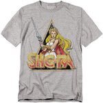 Heather gray She-Ra t-shirt featuring the Princess of Power holding her sword with the classic She-Ra logo below in bold red and gold lettering.