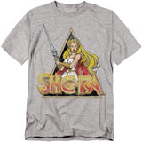 Heather gray She-Ra t-shirt featuring the Princess of Power holding her sword with the classic She-Ra logo below in bold red and gold lettering.