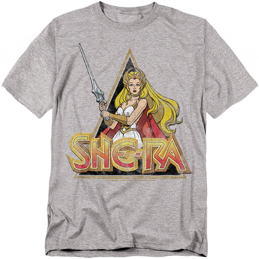 Heather gray She-Ra t-shirt featuring the Princess of Power holding her sword with the classic She-Ra logo below in bold red and gold lettering.