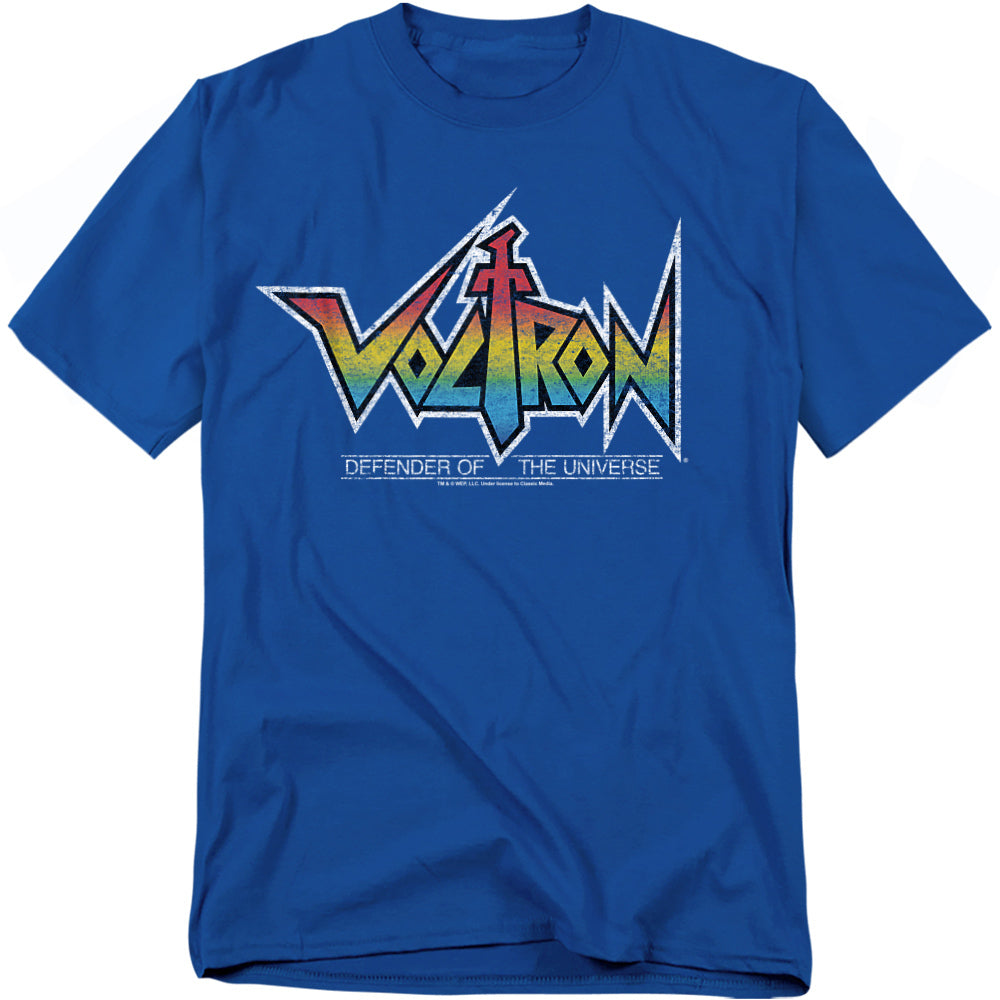 Blue t-shirt featuring the retro Voltron: Defender of the Universe logo with a rainbow gradient sword design.