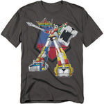 A dark gray t-shirt featuring a colorful graphic of Voltron, the legendary robot formed from five lion mechas. Voltron stands in a powerful stance with one arm raised, holding his blazing sword. The design includes bold red, blue, yellow, green, and black lion details, with the Voltron logo above the character.