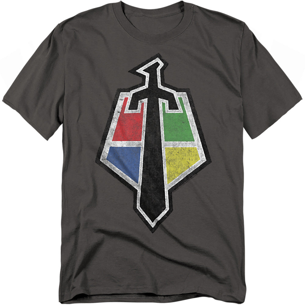 A charcoal gray t-shirt featuring the Voltron crest emblem. The design shows a black sword silhouette forming the center, divided into four colored quadrants: red, green, blue, and yellow. The colors represent the lion force that forms Voltron, with a distressed texture for a vintage look.