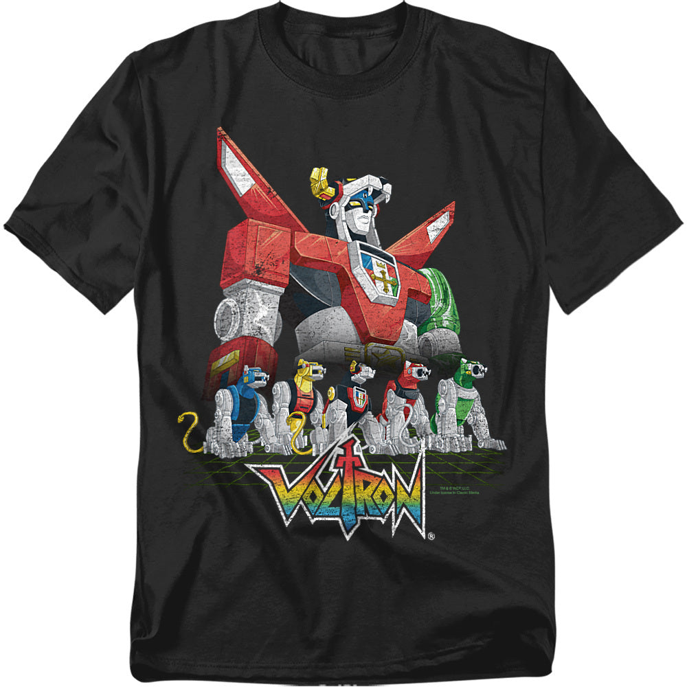 Black t-shirt with retro Voltron: Defender of the Universe artwork featuring Voltron standing tall with all five lions assembled below and the classic Voltron logo at the bottom.